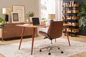 Chaise de bureau à roulettes design noir, bois foncé noyer et acier chromé CURVED