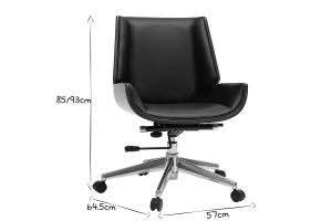 Chaise de bureau à roulettes design noir, bois foncé noyer et acier chromé CURVED