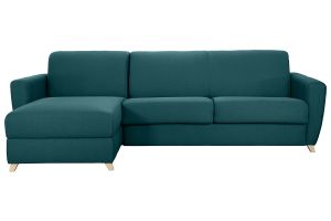 Canapé d'angle convertible réversible avec coffre 4 places en tissu bleu canard et bois clair GRAHAM