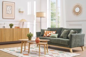 Canapé scandinave déhoussable 3 places en tissu effet velours vert kaki et bois clair OSLO