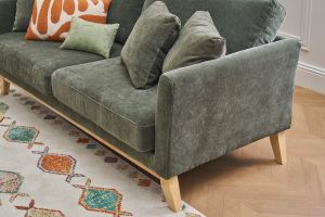 Canapé scandinave déhoussable 3 places en tissu effet velours vert kaki et bois clair OSLO