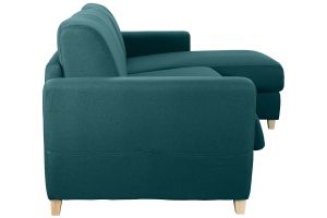 Canapé d'angle convertible réversible avec coffre 4 places en tissu bleu canard et bois clair GRAHAM