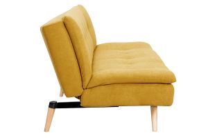 Canapé convertible 3 places en tissu effet velours jaune moutarde et bois clair SENSO