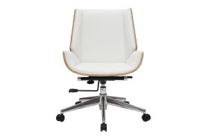 Chaise de bureau à roulettes design blanc, bois clair et acier chromé CURVED