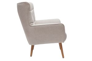 Fauteuil scandinave en tissu effet velours texturé beige et bois clair AVERY