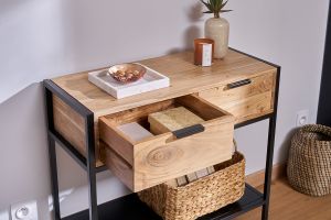 Console avec rangements 2 tiroirs en bois massif et métal noir L80 cm ARTHUS