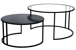 Tables basses gigognes rondes design verre trempé et métal noir TAHL (lot de 2)