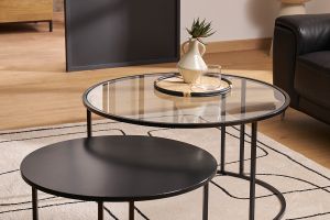 Tables basses gigognes rondes design verre trempé et métal noir TAHL (lot de 2)