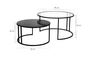 Tables basses gigognes rondes design verre trempé et métal noir TAHL (lot de 2)