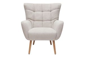 Fauteuil scandinave en tissu effet velours texturé beige et bois clair AVERY
