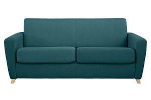 Canapé convertible 3 places en tissu bleu canard et bois clair avec matelas L140 cm 13 cm GRAHAM