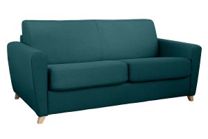 Canapé convertible 3 places en tissu bleu canard et bois clair avec matelas L140 cm 13 cm GRAHAM