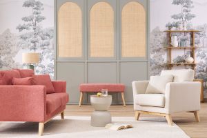 Fauteuil scandinave déhoussable en tissu beige et bois clair OSLO