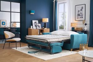 Canapé convertible 3 places en tissu bleu canard et bois clair avec matelas L140 cm 13 cm GRAHAM