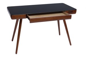 Bureau connecté multimédia avec tiroir en verre noir et bois foncé noyer L120 cm CLEVER