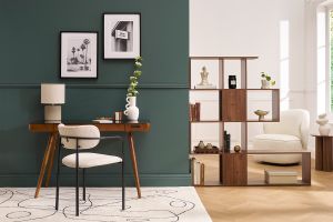 Bureau connecté multimédia avec tiroir en verre noir et bois foncé noyer L120 cm CLEVER