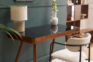 Bureau connecté multimédia avec tiroir en verre noir et bois foncé noyer L120 cm CLEVER