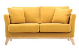 Canapé scandinave déhoussable 2 places en tissu effet velours jaune moutarde et bois clair OSLO