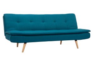 Canapé convertible scandinave 3 places en tissu bleu canard et bois clair SENSO