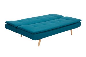 Canapé convertible scandinave 3 places en tissu bleu canard et bois clair SENSO