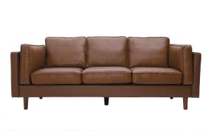 Canapé vintage 3 places cuir marron et bois foncé BRADLEY