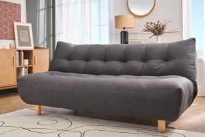 Canapé convertible scandinave 3 places en tissu gris foncé et bois clair YUMI