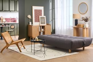 Canapé convertible scandinave 3 places en tissu gris foncé et bois clair YUMI