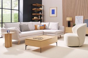 Canapé d'angle droit scandinave 5 places en tissu gris clair chiné et bois clair CREEP