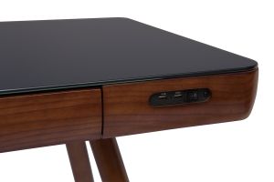 Bureau connecté multimédia avec tiroir en verre noir et bois foncé noyer L120 cm CLEVER