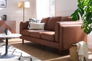 Canapé vintage 3 places cuir marron et bois foncé BRADLEY