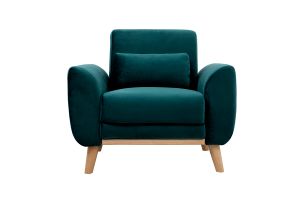 Fauteuil scandinave en tissu velours bleu pétrole et bois clair EKTOR