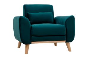Fauteuil scandinave en tissu velours bleu pétrole et bois clair EKTOR