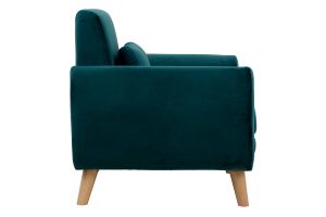 Fauteuil scandinave en tissu velours bleu pétrole et bois clair EKTOR