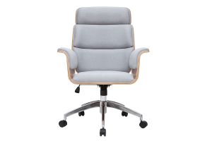 Fauteuil de bureau à roulettes design en tissu gris clair, bois clair et acier chromé ELON