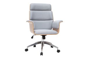 Fauteuil de bureau à roulettes design en tissu gris clair, bois clair et acier chromé ELON