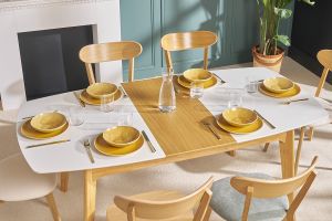 Table extensible rallonges intégrées rectangulaire blanc et bois L140-180 cm MEENA