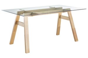Table à manger design en verre transparent et bois clair L160 cm BACCO