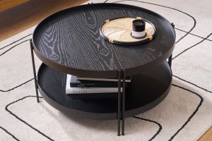 Table basse ronde design bois noir et métal noir D80 cm TWICE