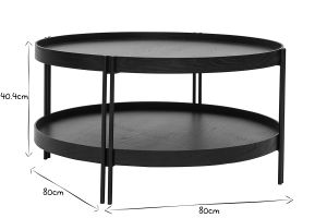 Table basse ronde design bois noir et métal noir D80 cm TWICE