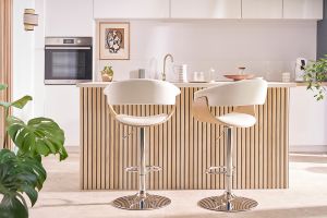Tabouret de bar design réglable blanc et bois clair OKTAV