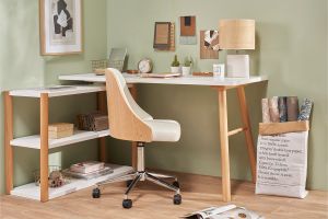 Chaise de bureau à roulettes design blanc, bois clair et acier chromé QUINO