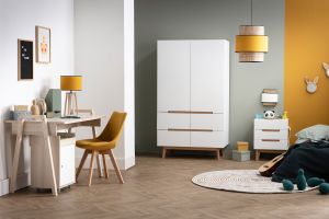 Armoire scandinave avec penderie et tiroirs finition blanc mat et bois chêne clair L100 cm KELMA