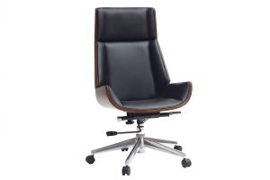 Fauteuil de bureau de direction design noir, bois foncé noyer et acier chromé CURVED