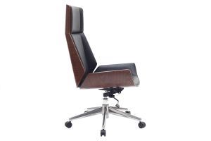 Fauteuil de bureau de direction design noir, bois foncé noyer et acier chromé CURVED