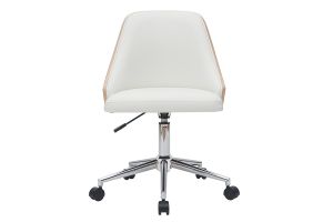Chaise de bureau à roulettes design blanc, bois clair et acier chromé QUINO