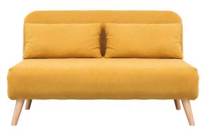 Chauffeuse 2 places convertible en tissu effet velours moutarde et bois clair AMIKO