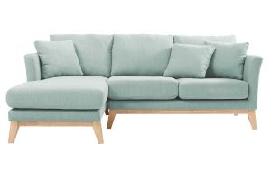 Canapé d'angle gauche déhoussable scandinave en tissu vert lagon et bois clair 3-4 places OSLO