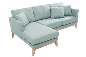 Canapé d'angle gauche déhoussable scandinave en tissu vert lagon et bois clair 3-4 places OSLO