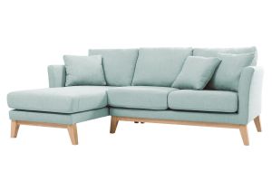 Canapé d'angle gauche déhoussable scandinave en tissu vert lagon et bois clair 3-4 places OSLO