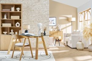 Table à manger design en verre transparent et bois clair L160 cm BACCO